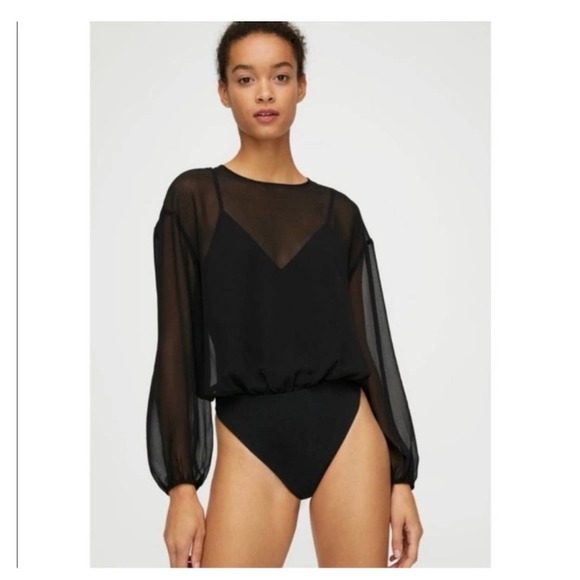 ARITZIA Wilfred Talmont Bodysuit SZ XXS Black Thong-Cut Stretch Cotton Chiffon - Picture 2 of 11